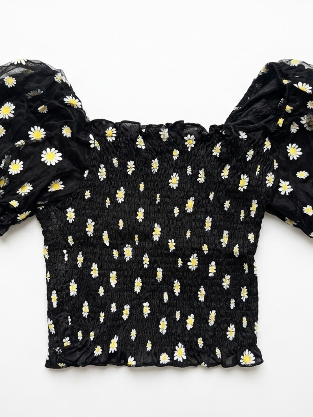 Black Daisy Smocked Puff-Sleeve Crop Top
